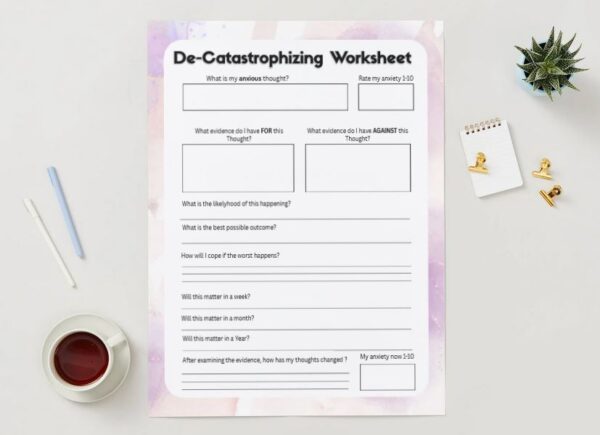 De-Catastrophizing Worksheet –Printable Anxiety/Worry and Thought Journal Tool